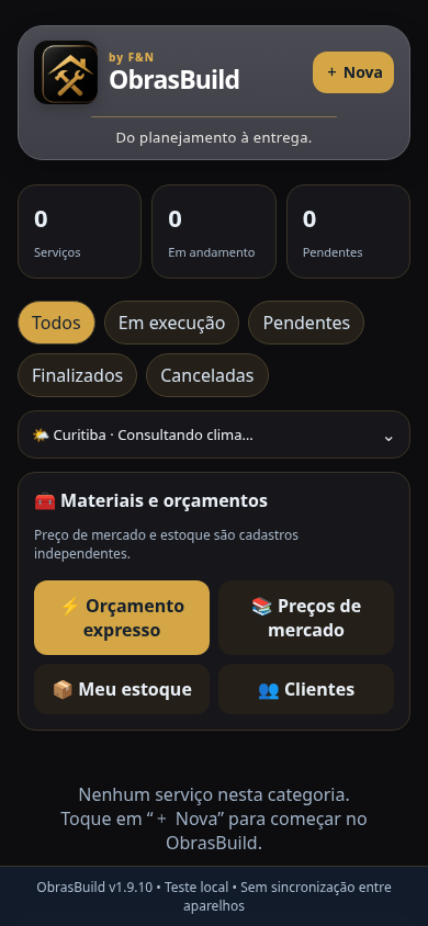 Prévia da tela de testes do aplicativo ObrasBuild, com resumo de serviços, filtros e acesso a materiais e orçamentos